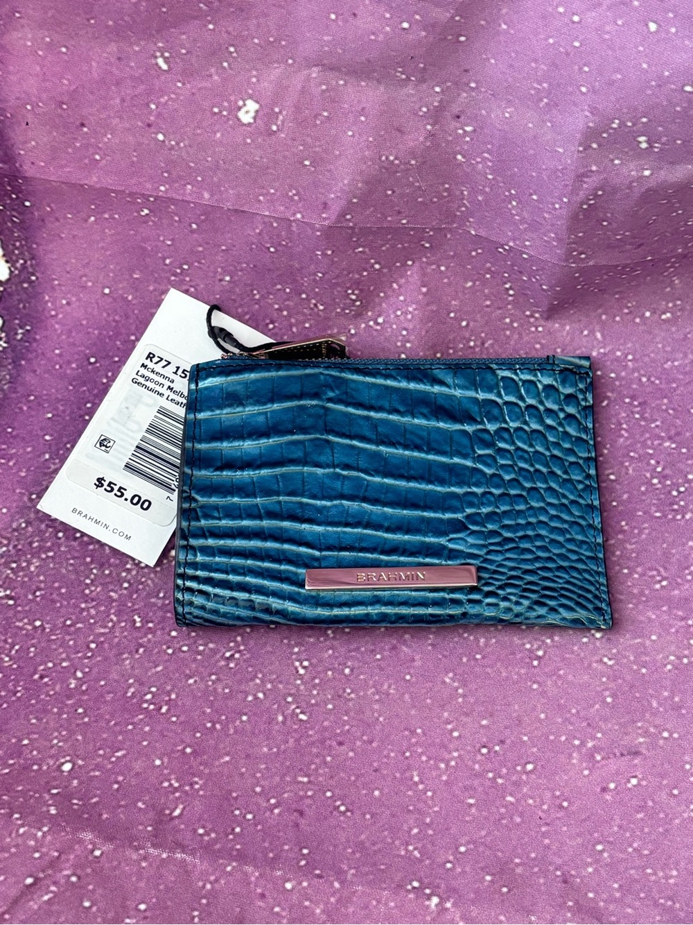 Brahmin (Lagoon) Croc-Embossed Leather Wallet Cash/Case with Logo Plate